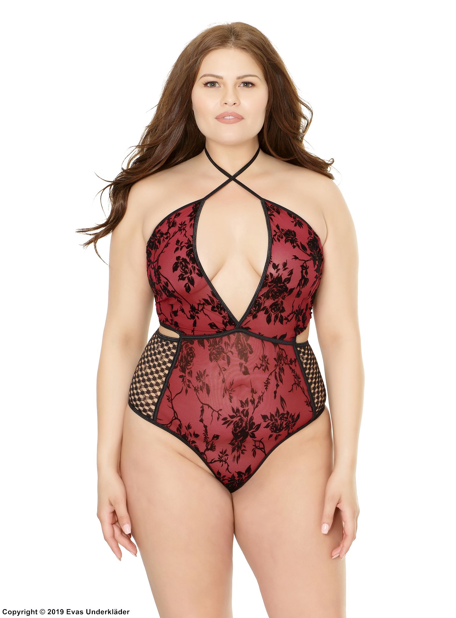 Dessous-Teddy, Stickerei, Neckholder, kleines Netz, Plus Size